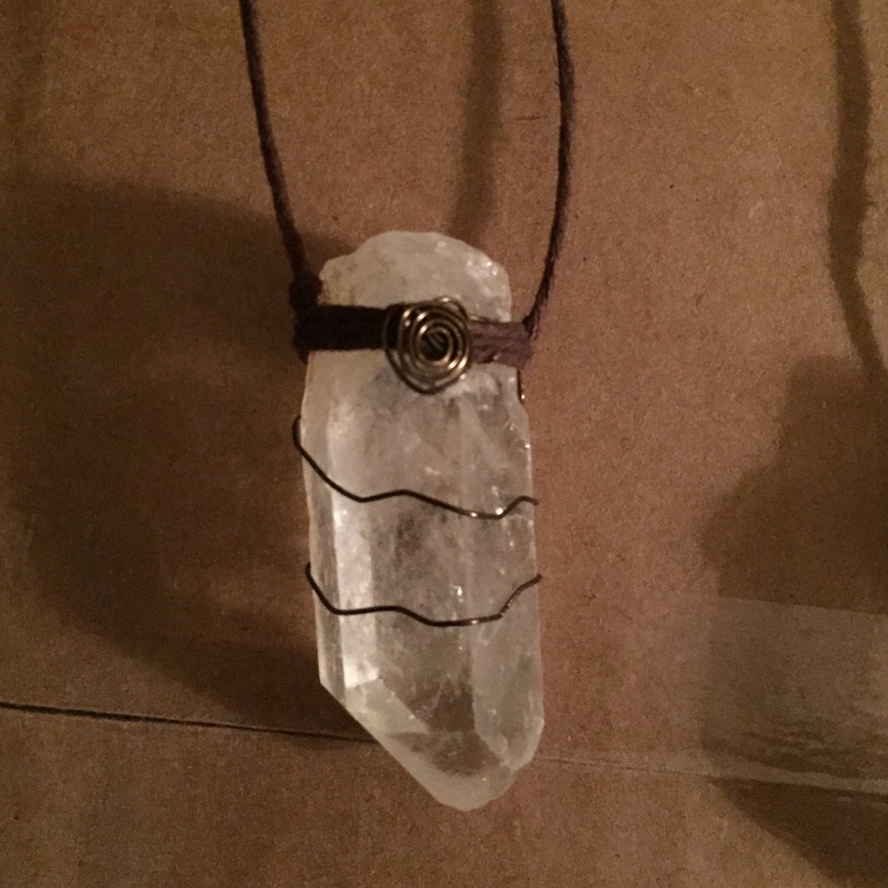 Hemp & wire wrapped quartz crystal necklace