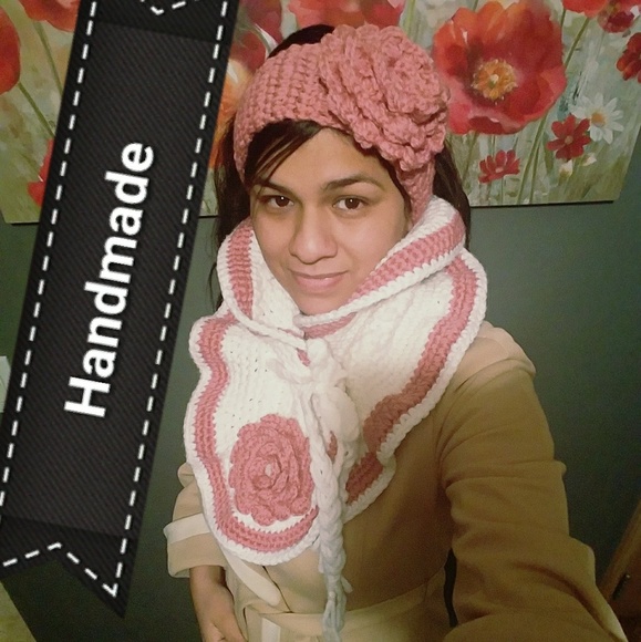 Crochet neck scarf and Pink Rose flower Headband! - Picture 2 of 8