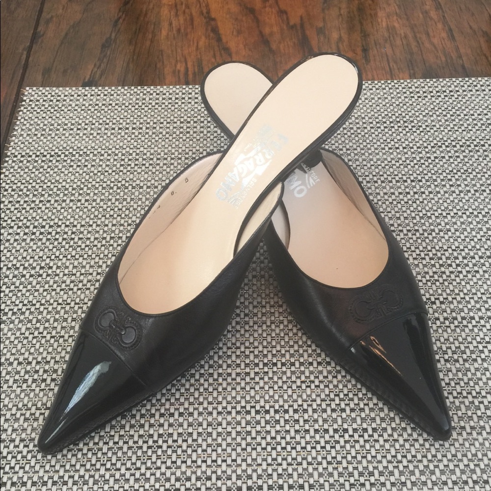 Salvatore Ferragamo black pointed mules.