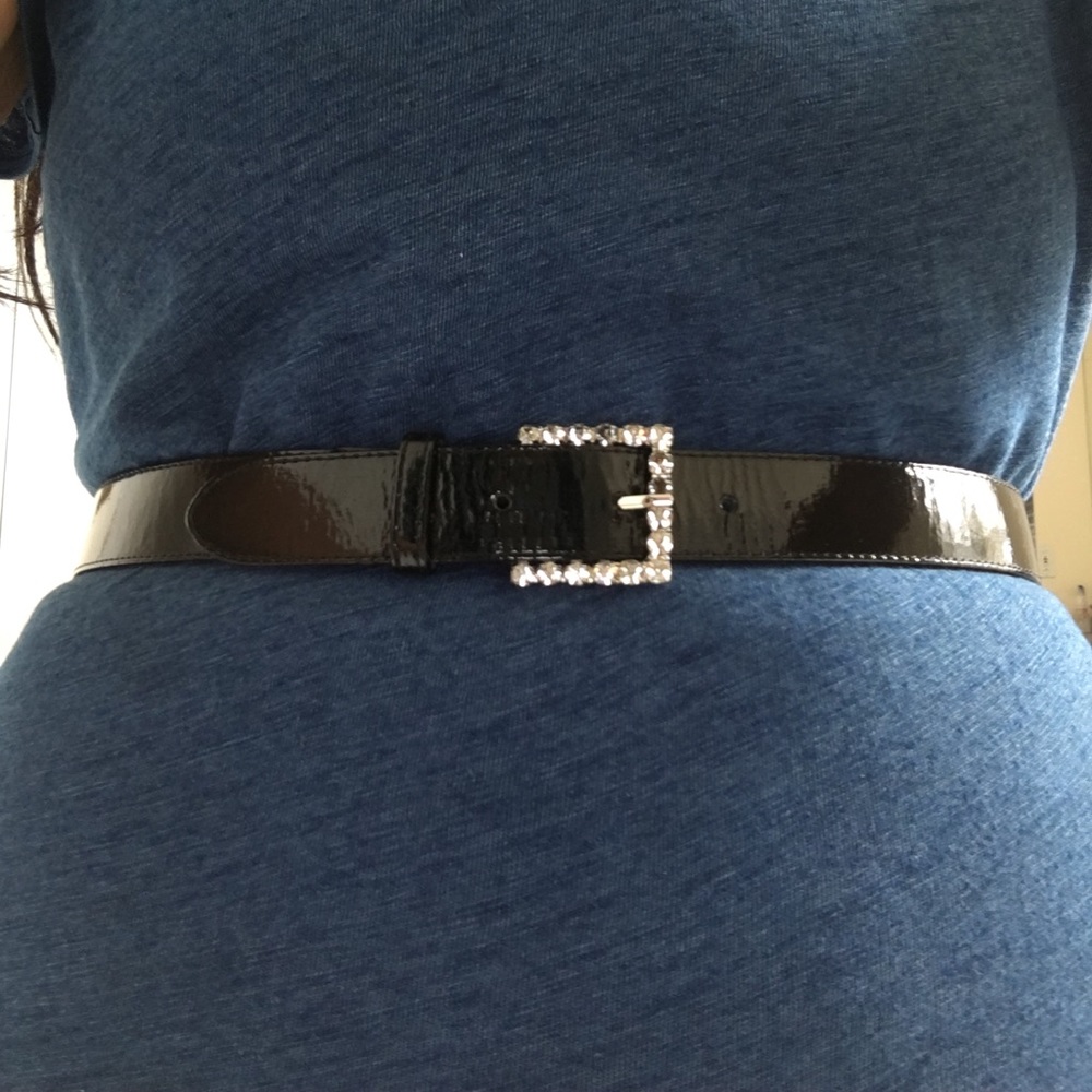 French patent leather belt with diamanté buckle