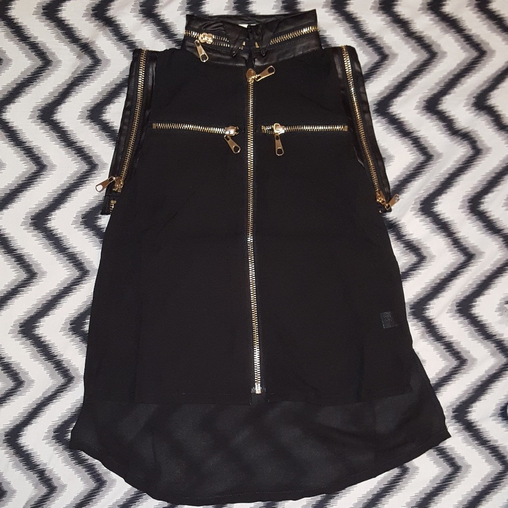 Gold Zip-up Top with faux leather trim.