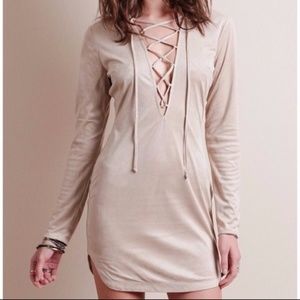 Nude Faux Suede Lace Up Dress