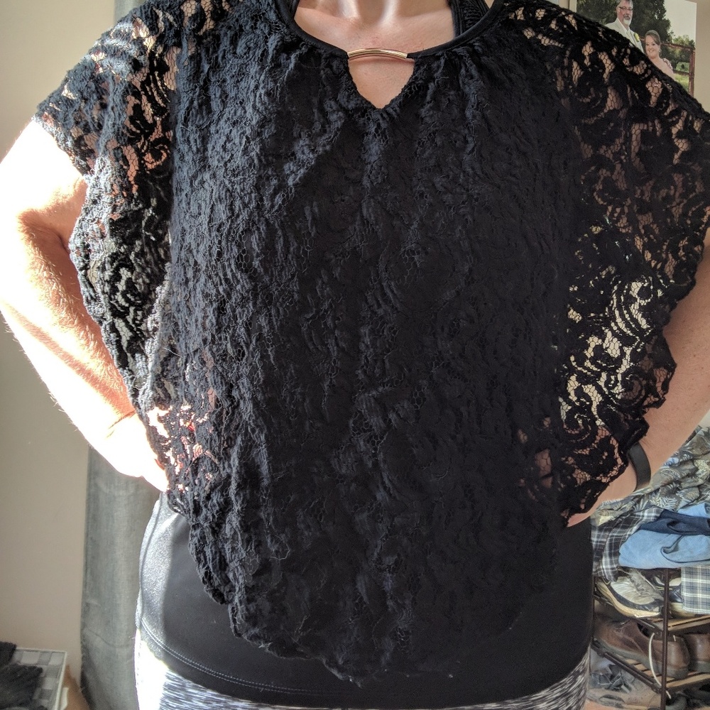 Silky shirt with lace over lay and decorative neck