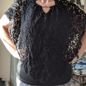 Silky shirt with lace over lay and decorative neck