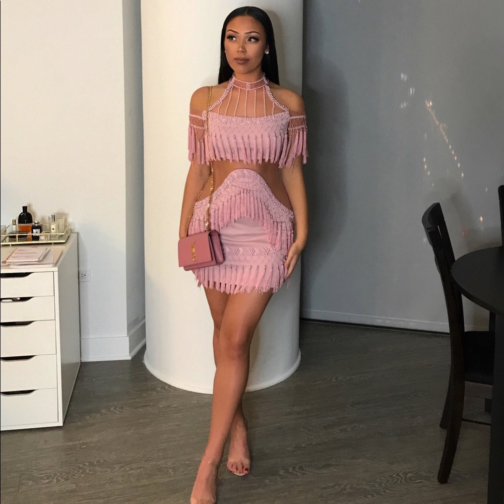 PINK BALMAIN-INSPIRED PEARL AND FRINGE DRESS