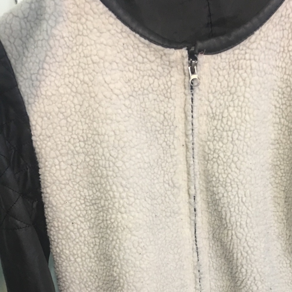 White Contrast Leather Cuff Zip Pockets Coat