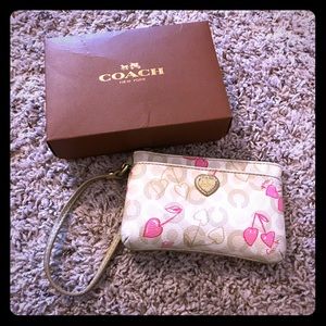 Beige Coach Wristlet With Pink Cherry Hearts