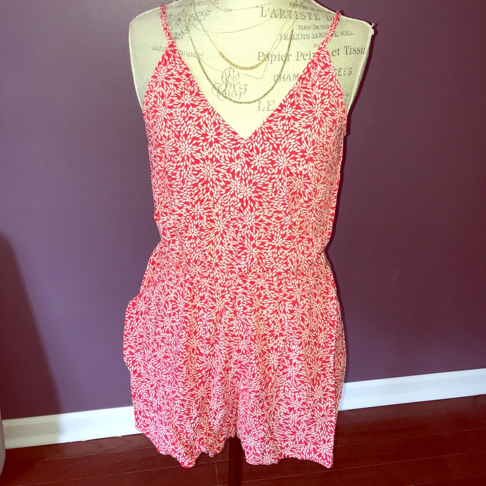 Red print romper with pockets