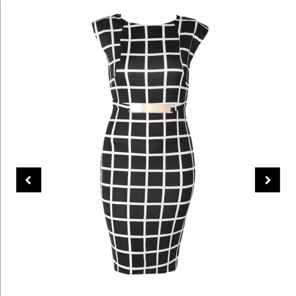 Checkered print power dress black and gold.