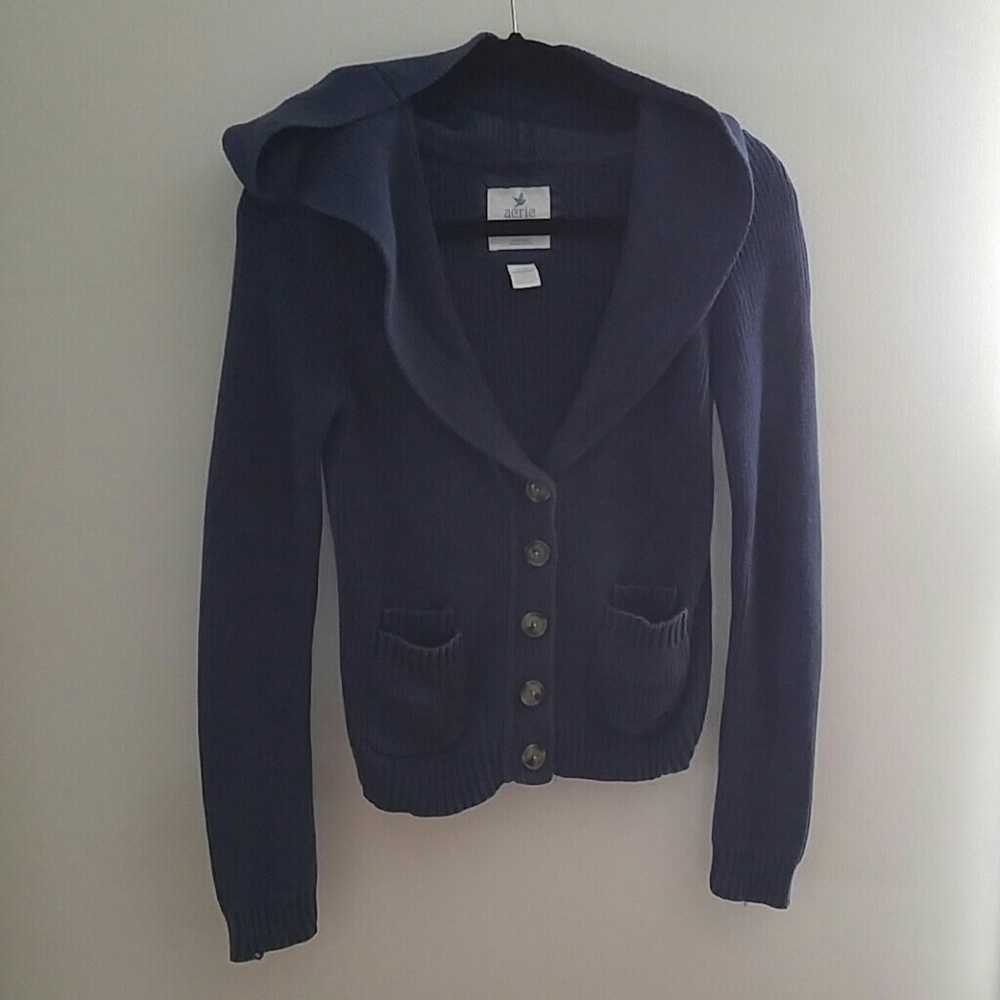 navy shawl collar hooded button rib knit cardigan