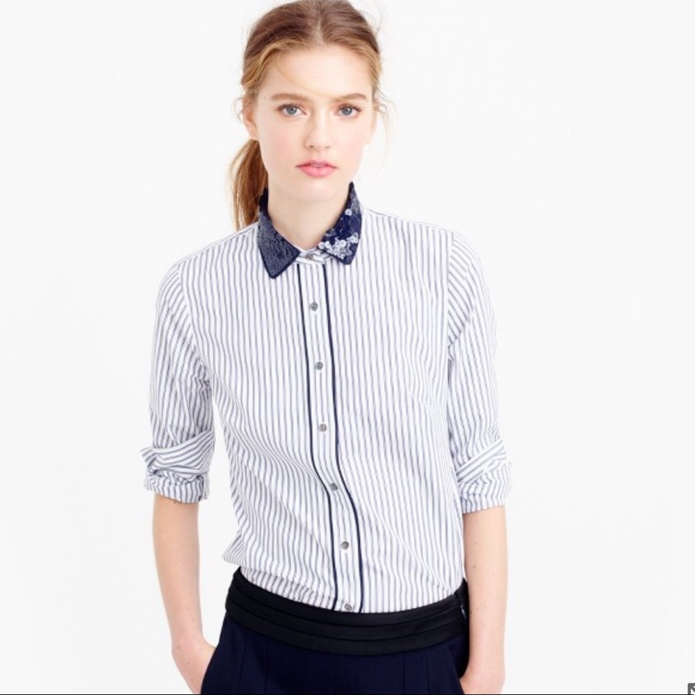 J. Crew Perfect Shirt Stripe Sequin Collar Navy 8