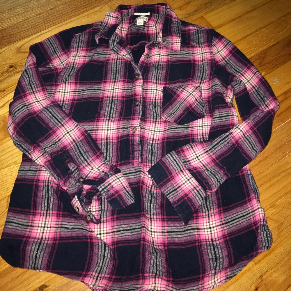Pink and navy blue plaid flannel