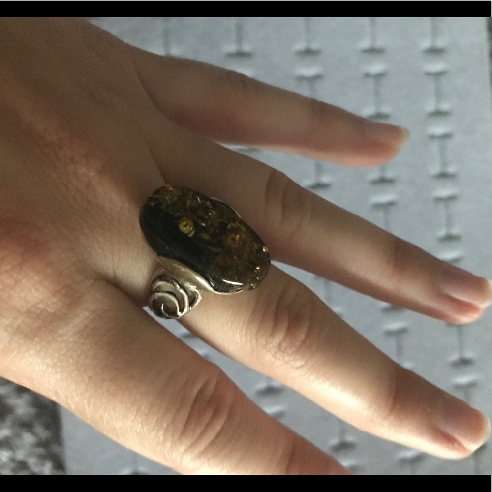 Amber stone sterling silver ring