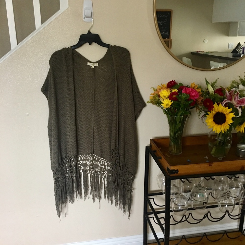 Olive Green Knit Kimono w/ Fringe