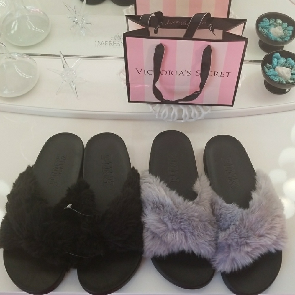 VS PINK 💕 faux fur slides (Black ONLY) Large 9/10