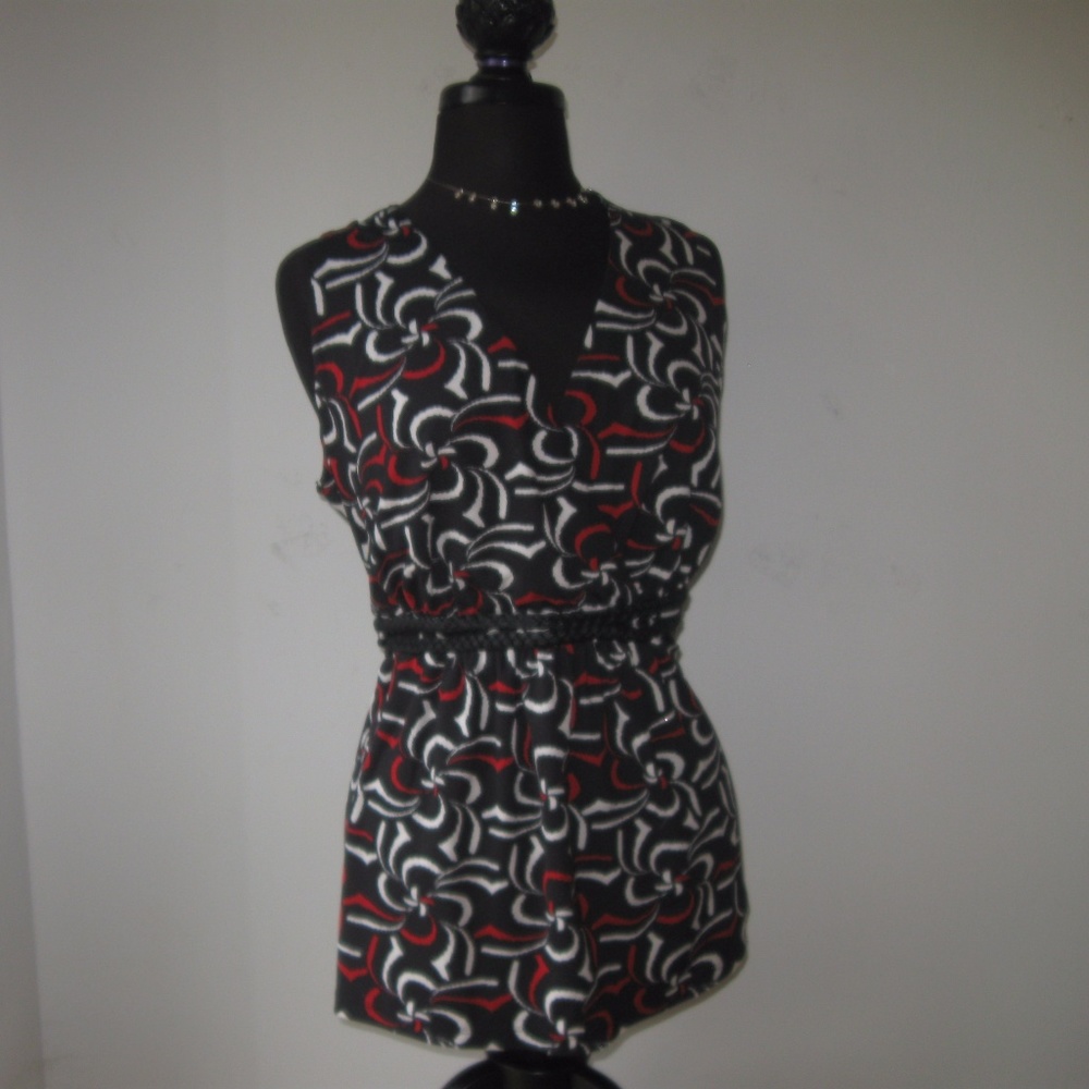 INC Empire Blouse Top V Neck Black Print Plus 1X