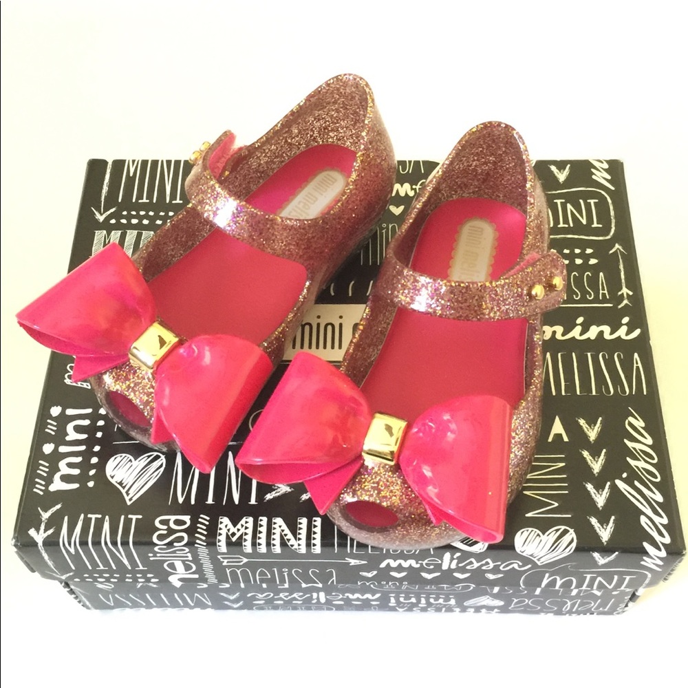 Mini Melissa pink glitter bow flats