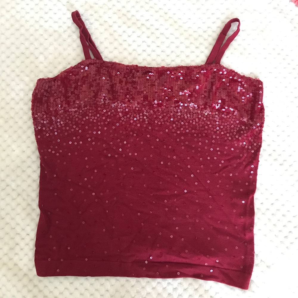 BCBG Maxazria red knit top with sequins