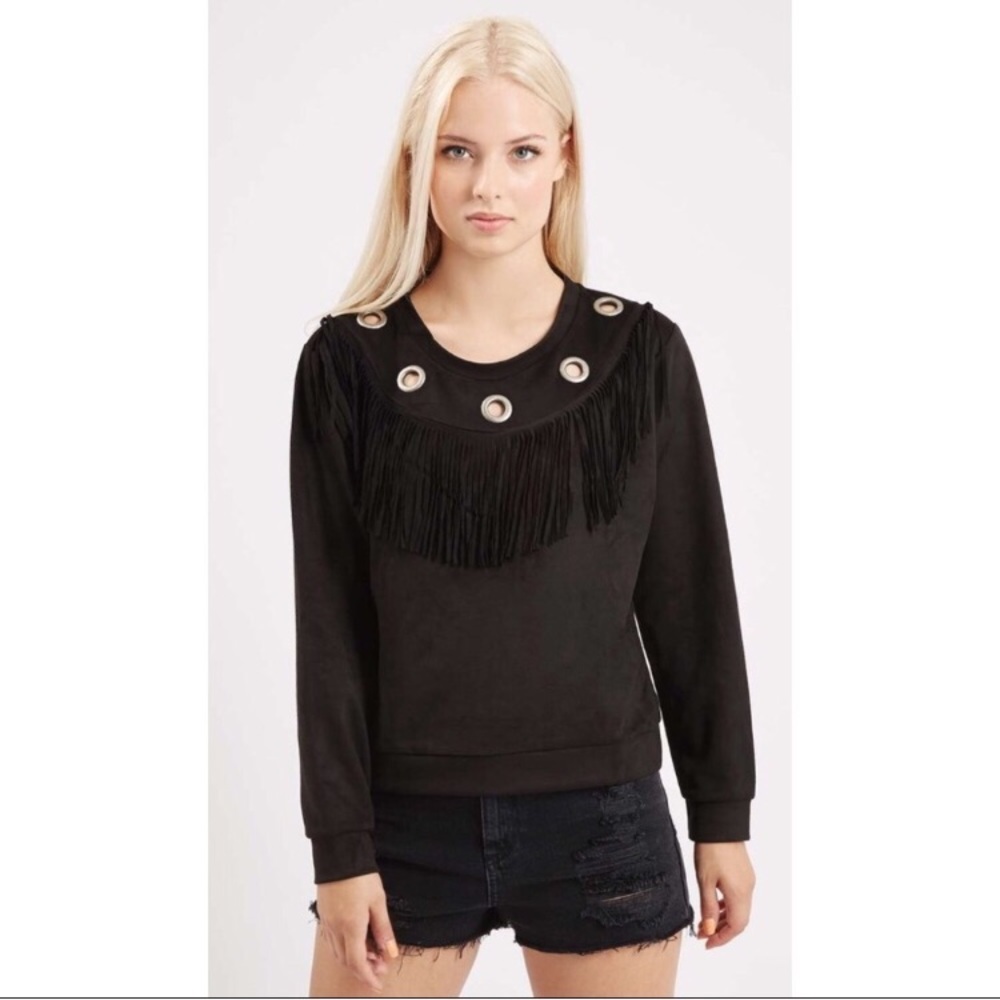 Topshop suede fringe black sweatshirt.