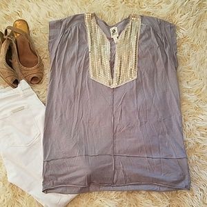 Anthro gold sequin collar cotton cap sleeve top