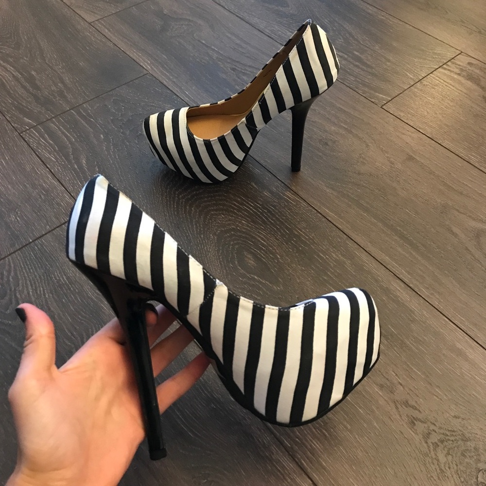 Black and white striped platform heels