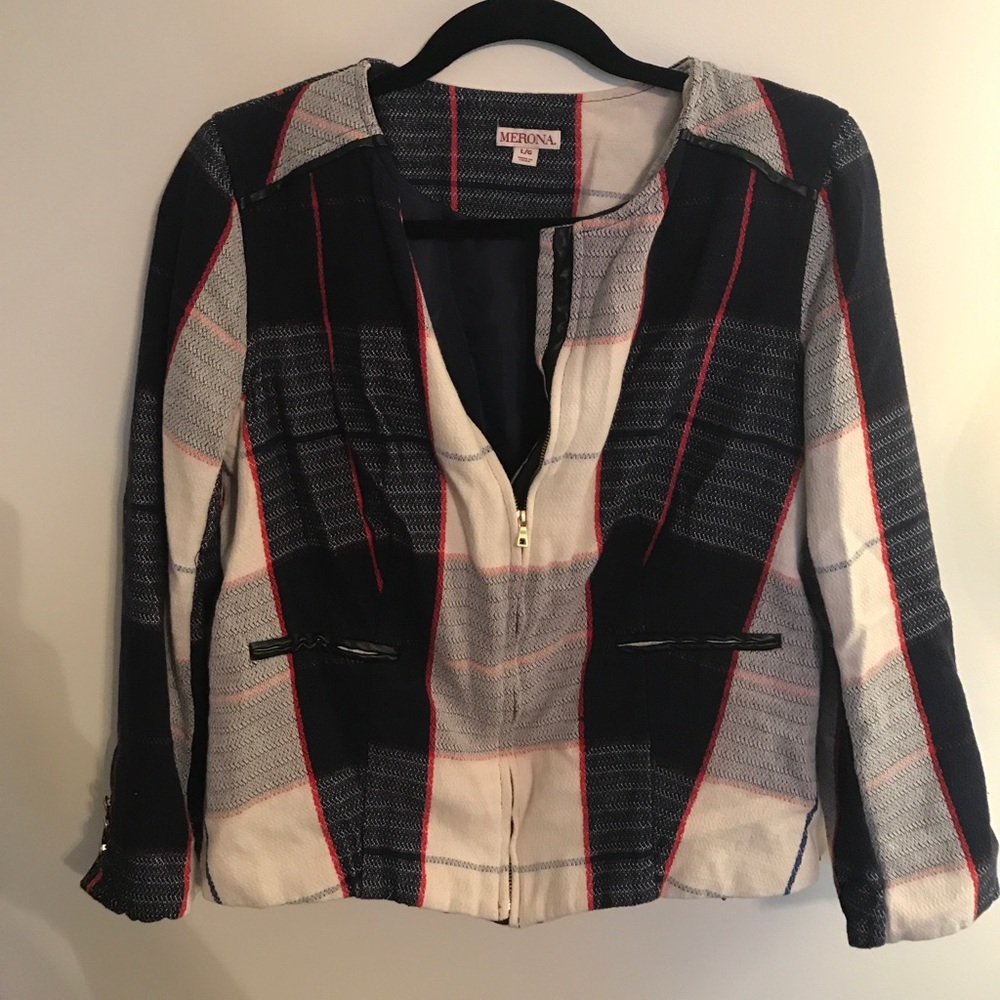 Plaid Blazer with Leather Detailing