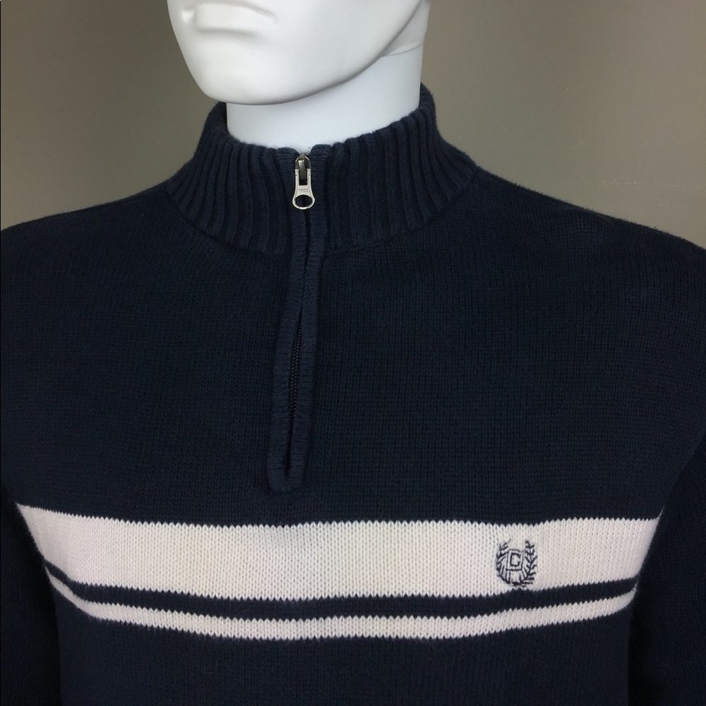 Men’s medium champs sweater 1/4zip navy/white.  1C