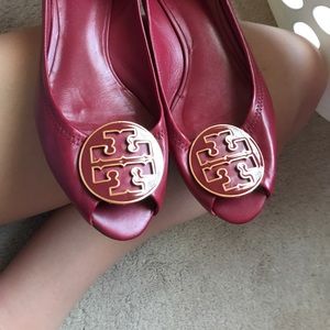 Tory Burch Cherry Red Open Toe Ballet Flat Wedges