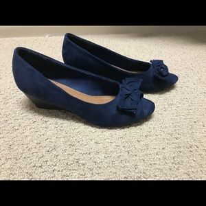 Blue suede, small wedge, peep toe shoes. Size 7
