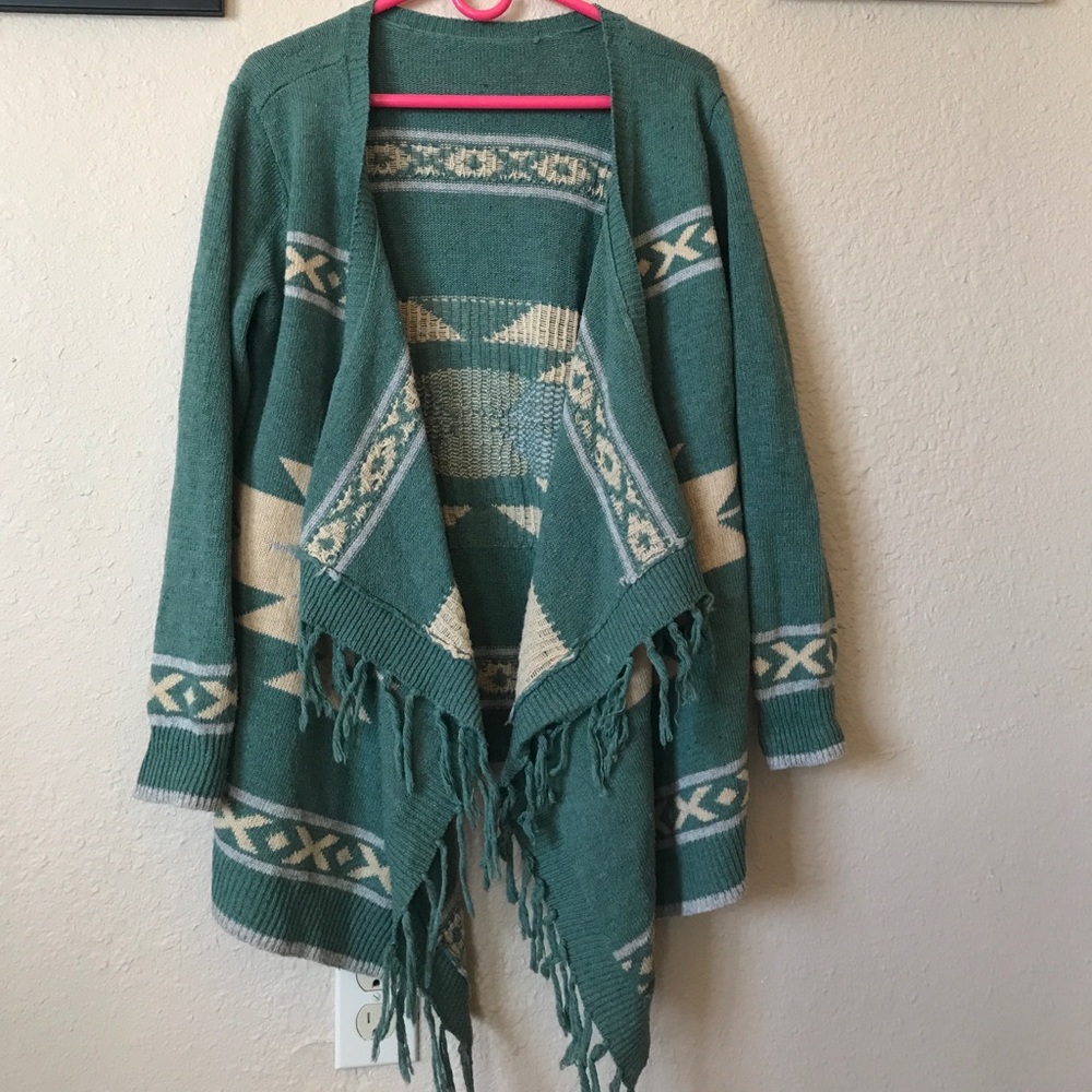 Southwestern Green Multi Cardigan Fringe S/M