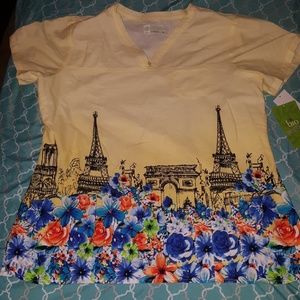 NWT Women's Eiffel Tower Floral Scrub Top