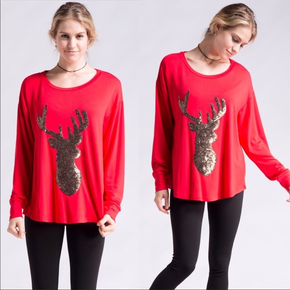 GOLD SEQUIN REINDEER RED FRENCH TERRY TOP - Picture 2 of 3