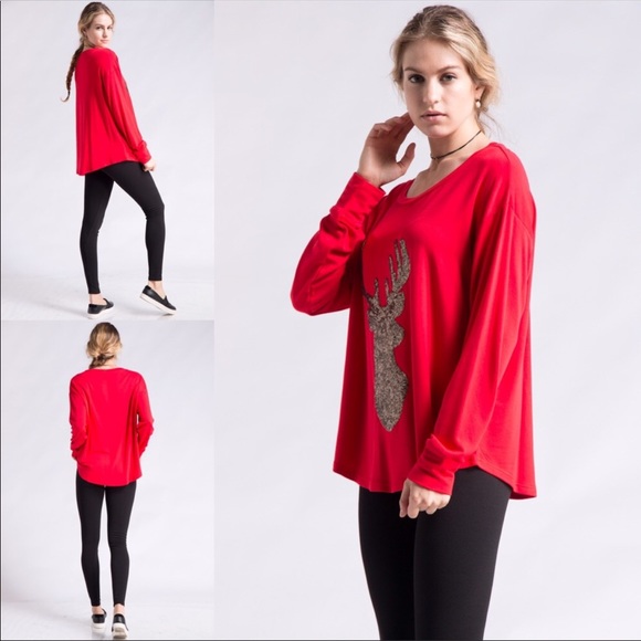 Tops - GOLD SEQUIN REINDEER RED FRENCH TERRY TOP