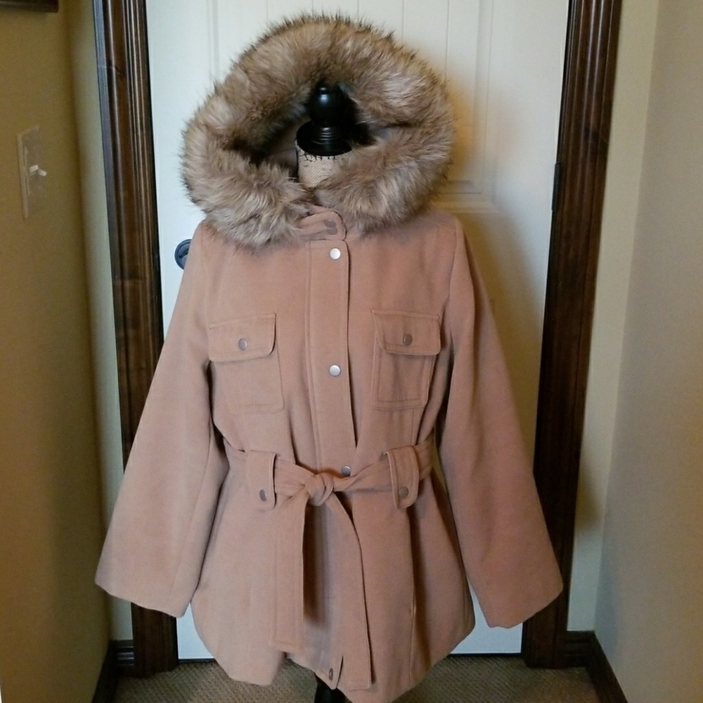 SOLD Lane Bryant Camel Car Coat Faux Fur Hood EUC