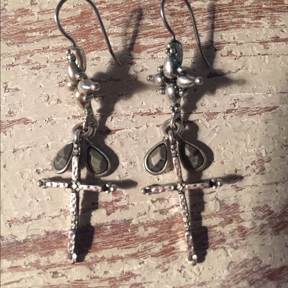 Dangle cross earrings with tiny jade like stones
