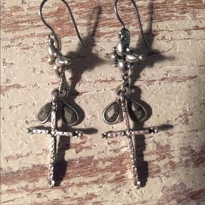 Dangle cross earrings with tiny jade like stones
