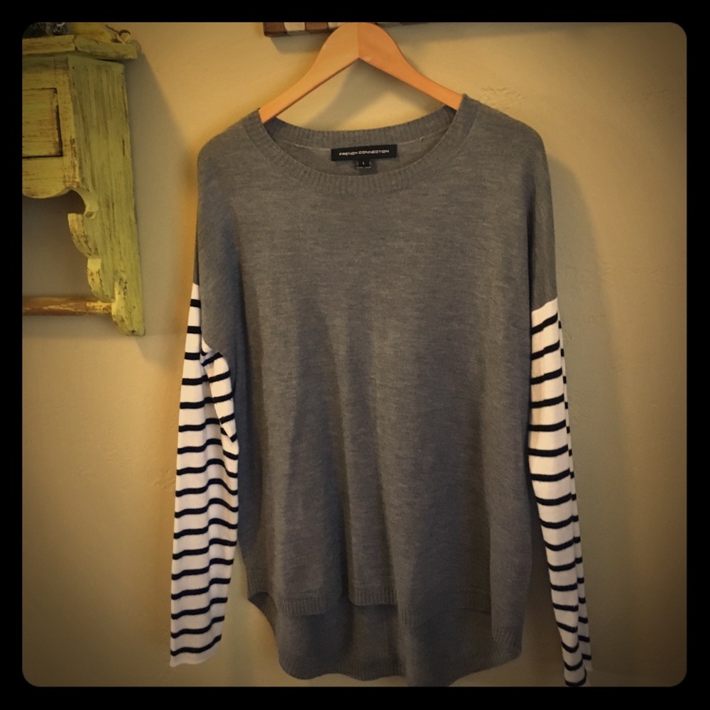 French Connection grey sweater with stripes.  Lg