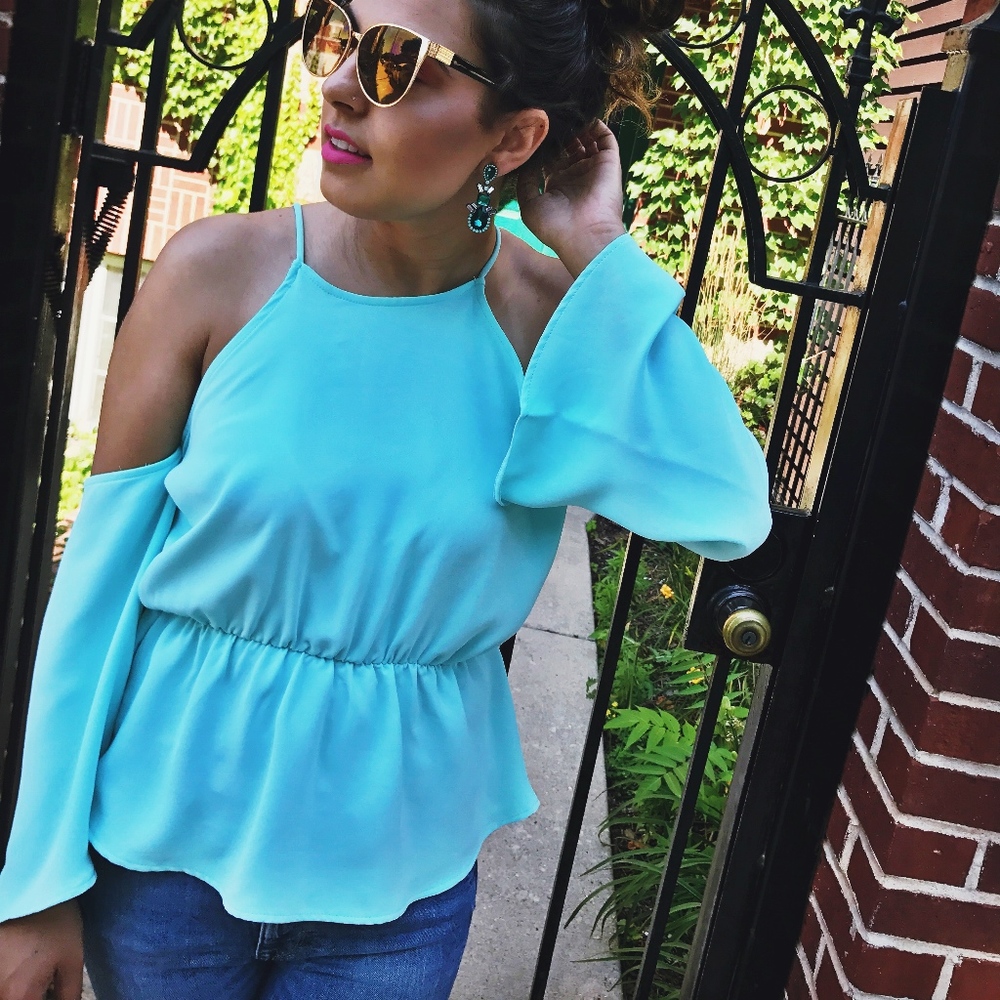 SALE-Mint Blue Cold Shoulder Top