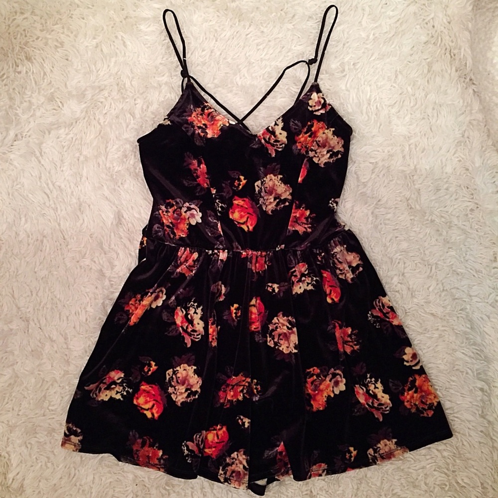 Black Floral Velvet Romper