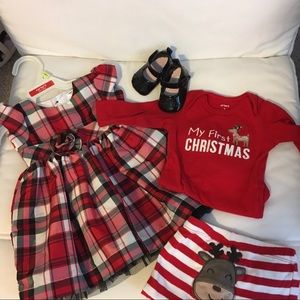 3mos Christmas set-dress, pajamas & black shoes