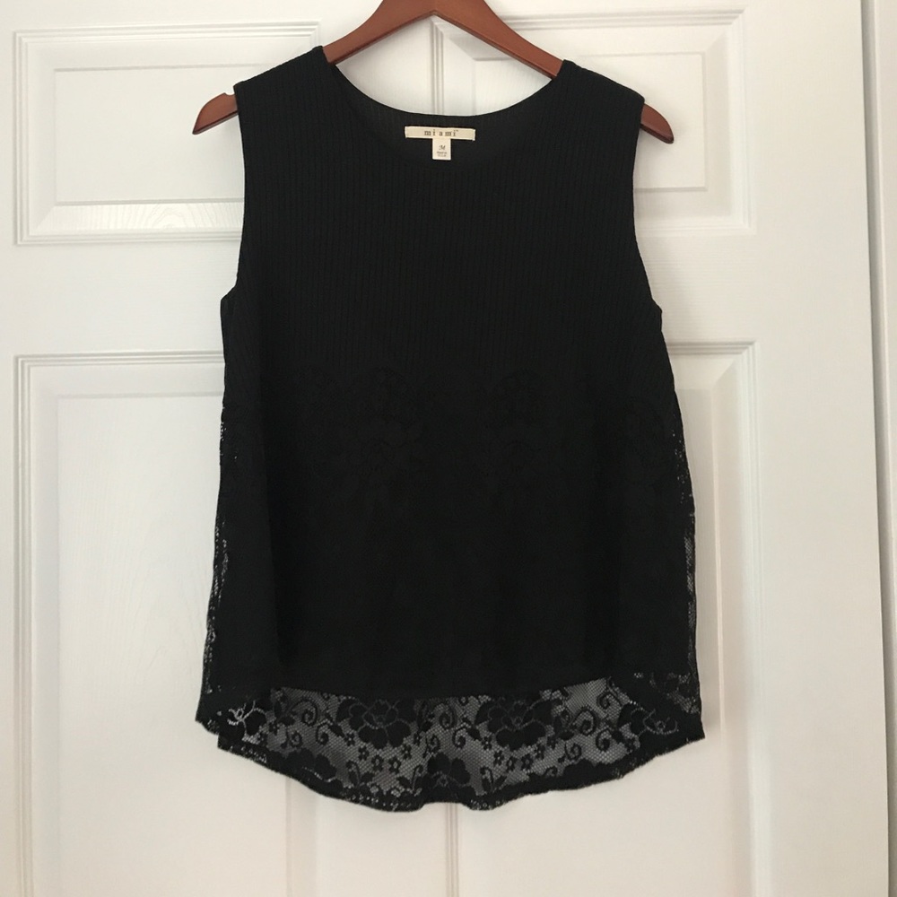 NWOT Miami Black Sleeveless Blouse with Lace Trim