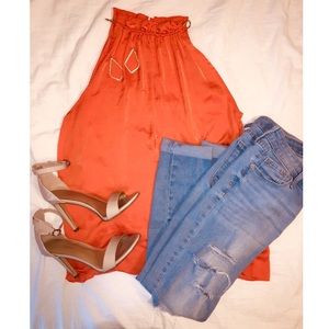 Orange high neck sleeveless blouse!