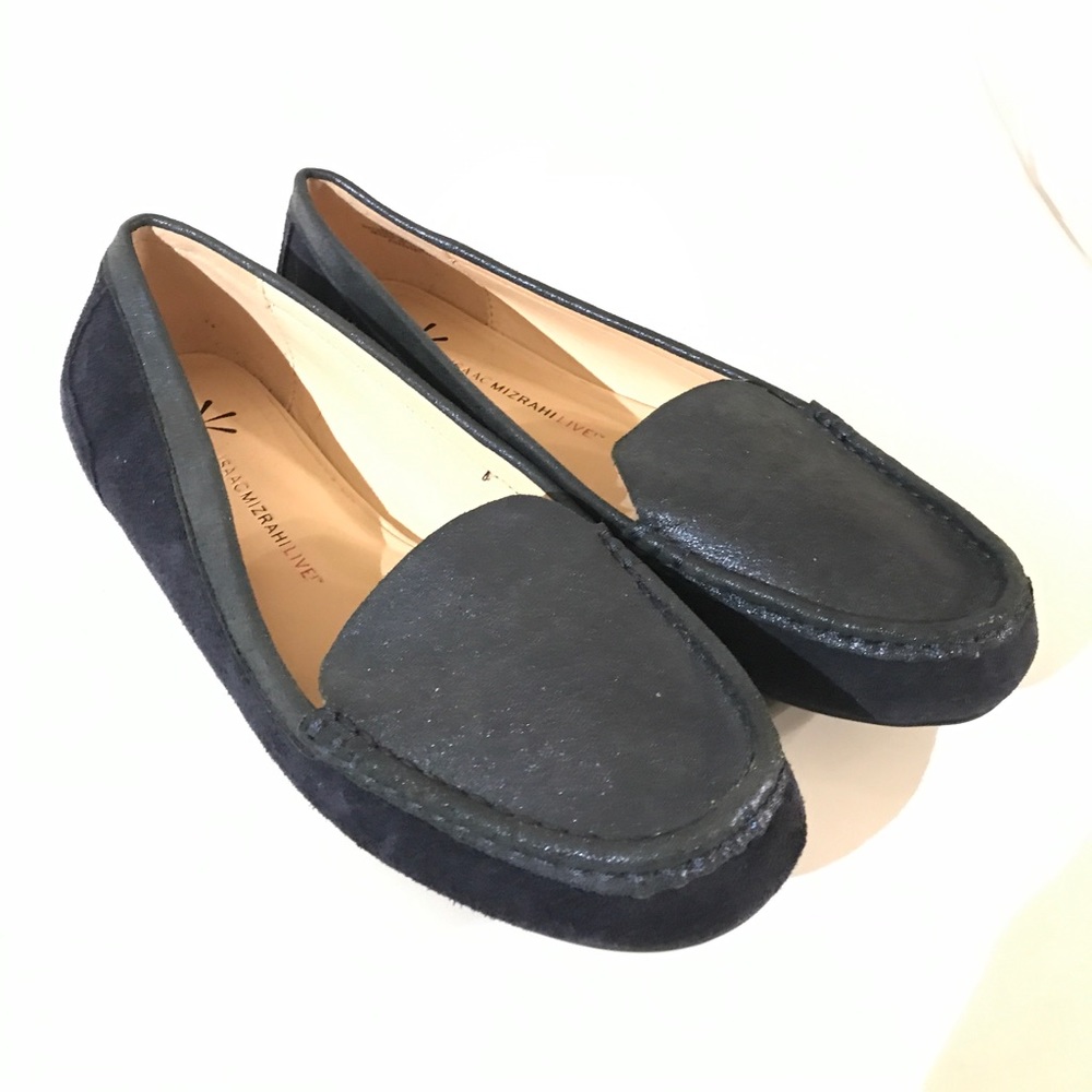 Isaac mizrahi navy blue metallic suede loafers 9
