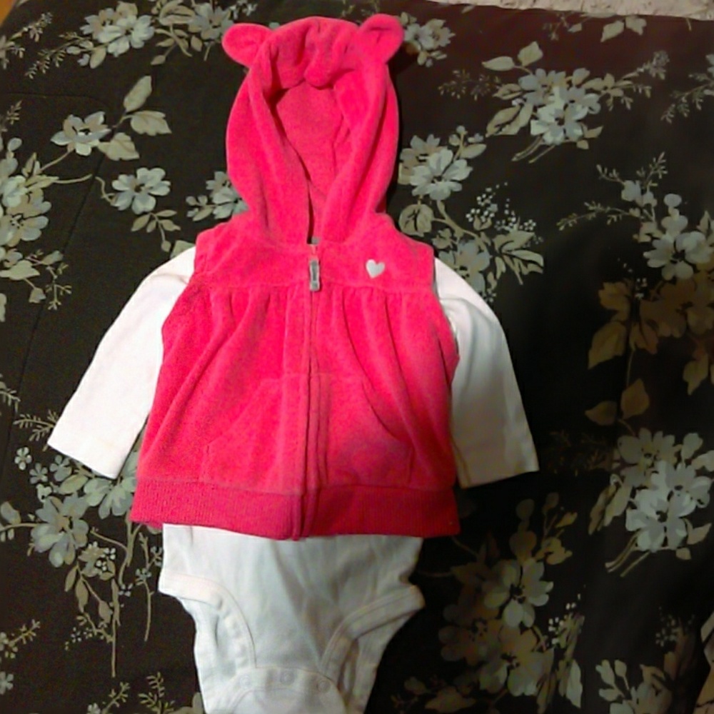 White long sleeve onesie with pink fleece vest! 6M