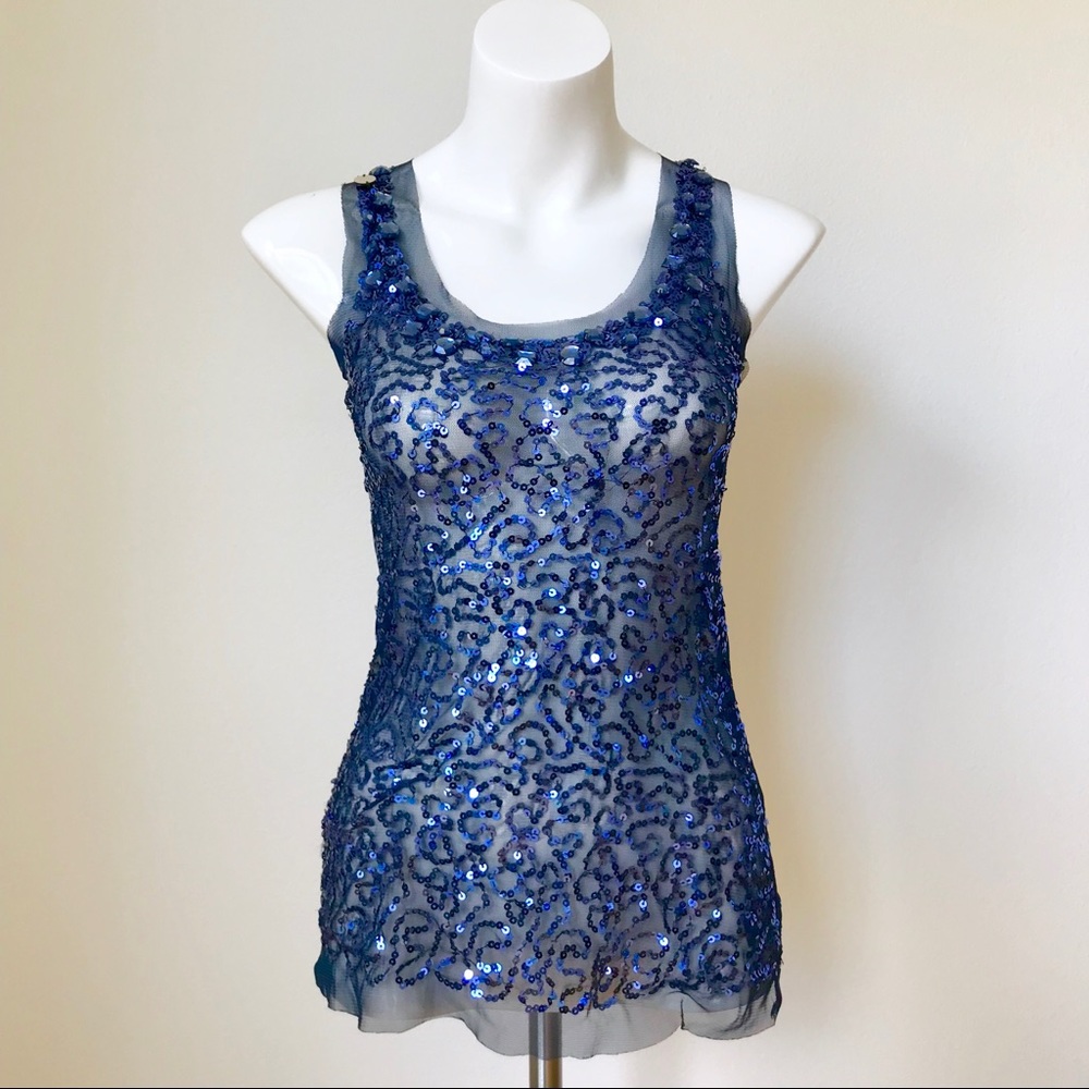 Blue sequin, sheer slim fit NYE tank