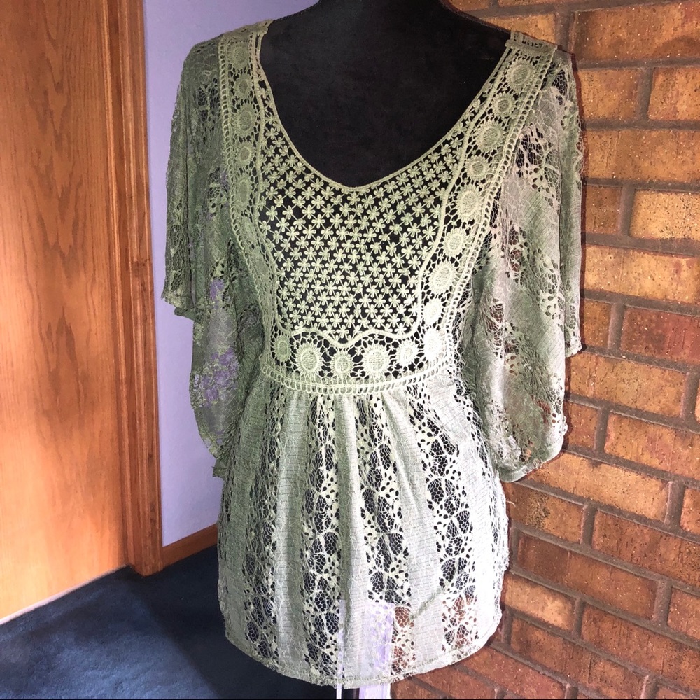 EVOGUES SPECTACULAR OLIVE SHEER CROCHETED TOP - Picture 2 of 8