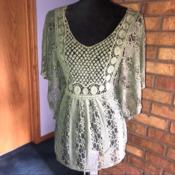EVOGUES SPECTACULAR OLIVE SHEER CROCHETED TOP - Picture 2 of 8