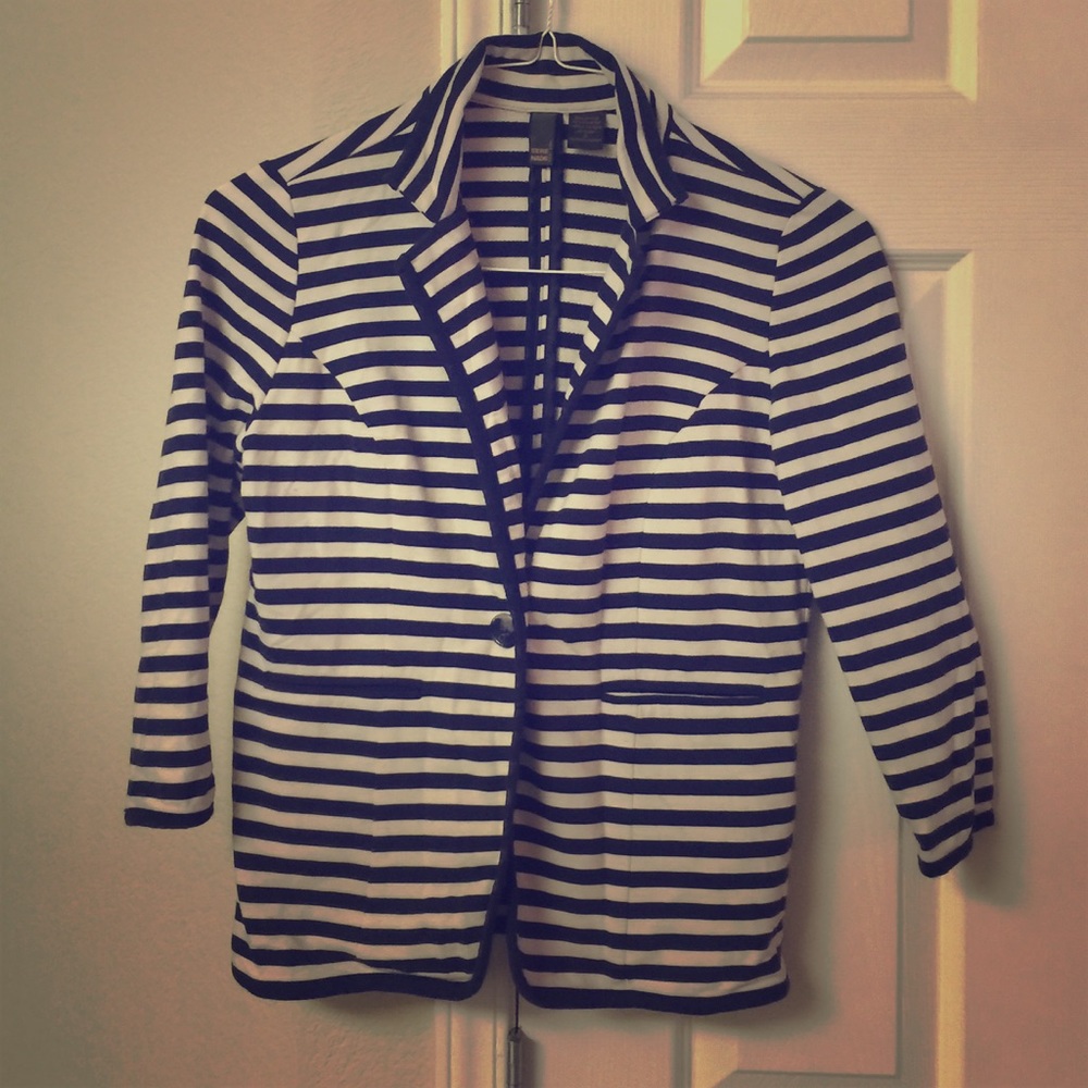 Navy blue and white striped cotton blazer