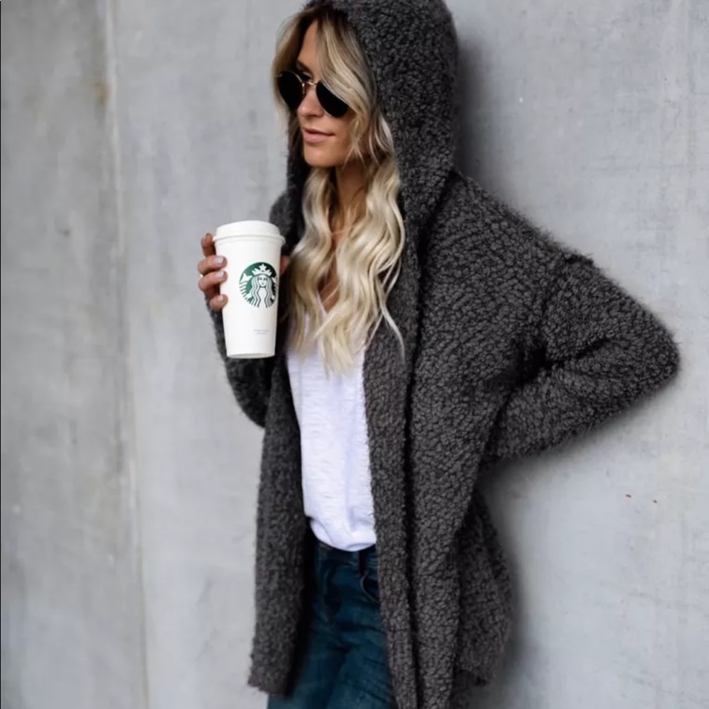 🌟Luxe Textured Hooded Cardi Slate Gray - Picture 2 of 5