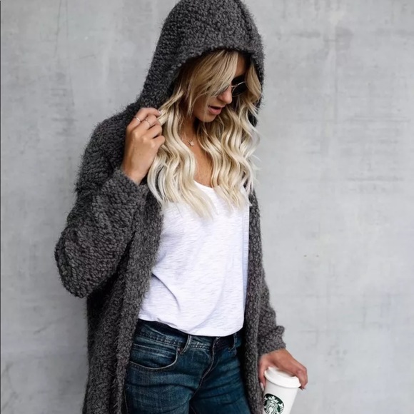 Sweaters - 🌟Luxe Textured Hooded Cardi Slate Gray